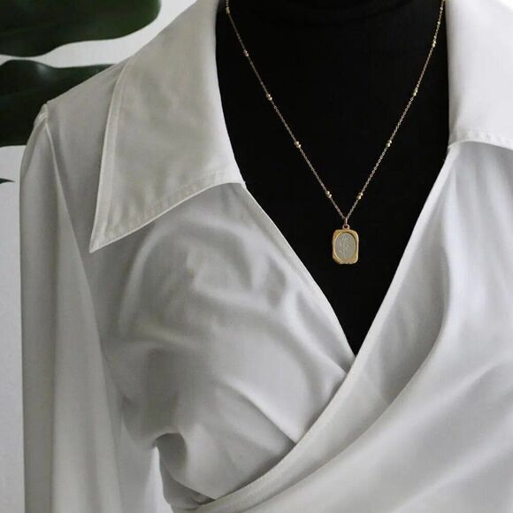 Two-Toned Gold and Silver Embossed Mirror Rose Pendant Necklace - Picture 5 of 11